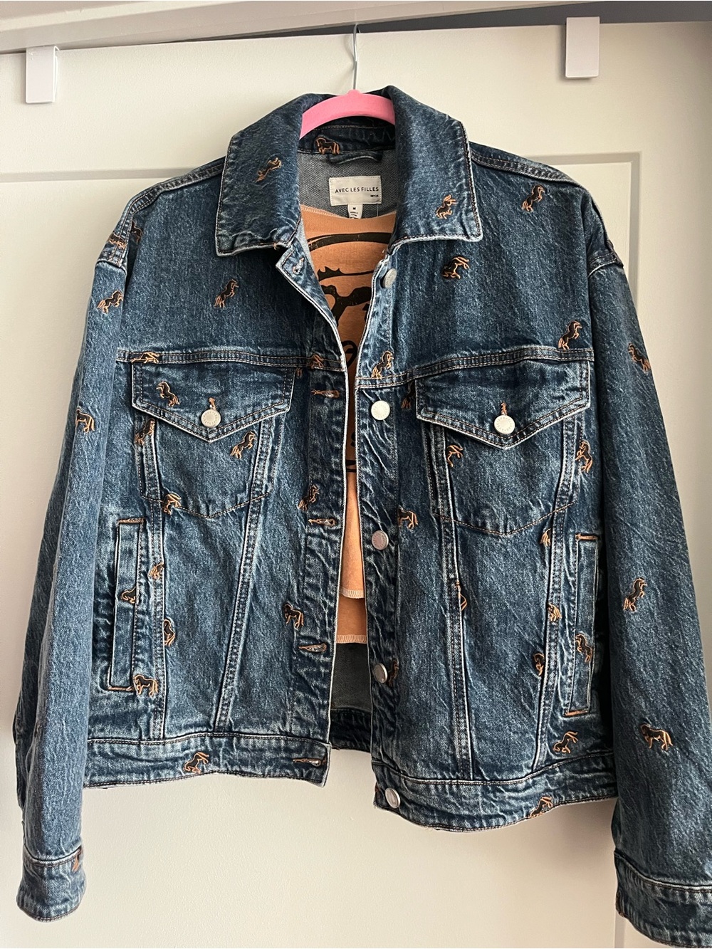 Denim Jacket with Embroidered Horse Motif